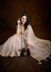 Silver Linen Silk Saree with Bold Line Weaving